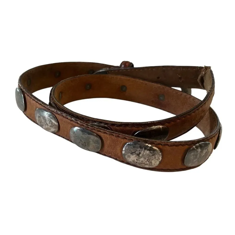 Vintage Leather Concho Belt Brown Silver Oval Discs Size 36 Western